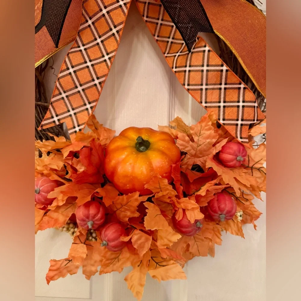 Festive Fall or Halloween Pumpkin Wreath with Orange and Black Plaid Bow